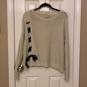 Cream Sweater with Lace Up/Bow Accent